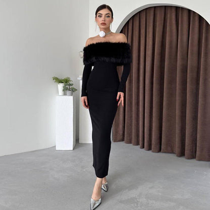 Autumn Maxi Dress Off Shoulder Fur Collar Slim Fit Dress