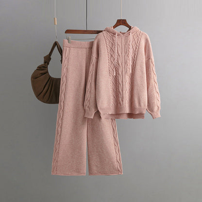 Autumn Winter Suit Hoodie With Drawstrings Loose Sweater Draping Wide Leg Trousers Twist Two Piece Suit