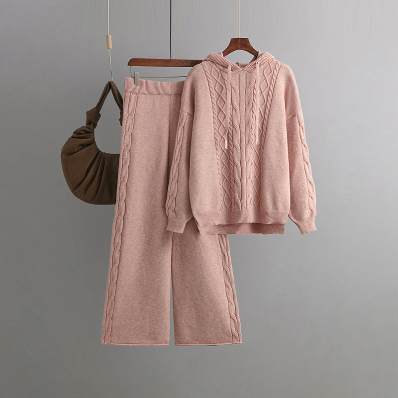 Autumn Winter Suit Hoodie With Drawstrings Loose Sweater Draping Wide Leg Trousers Twist Two Piece Suit