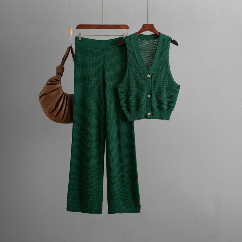 Fashionable Knitted Summer V Neck Sleeveless Vest High Waist Straight Pants Two Piece Set
