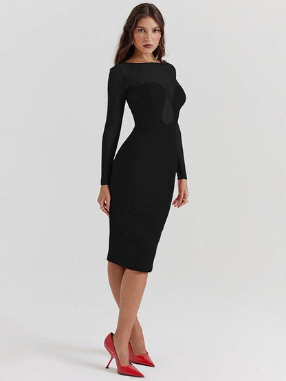 See Through Round Neck High Waist Midi Dress