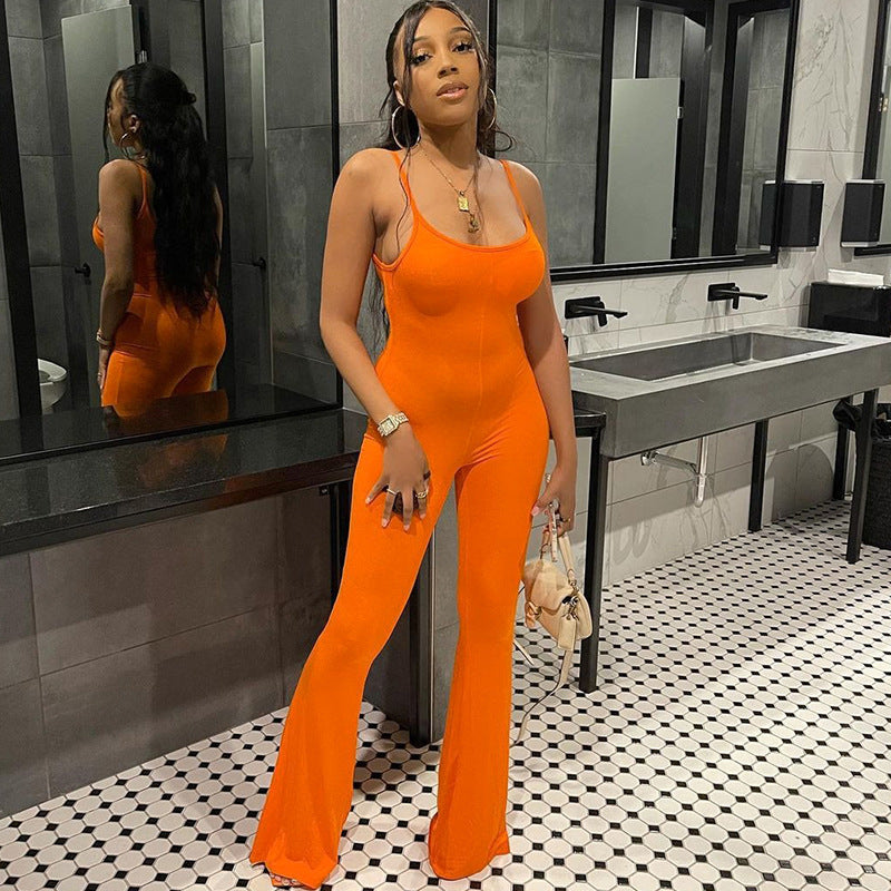 Clothing Spring U Collar Backless Slim Fit Color Sling Jumpsuit
