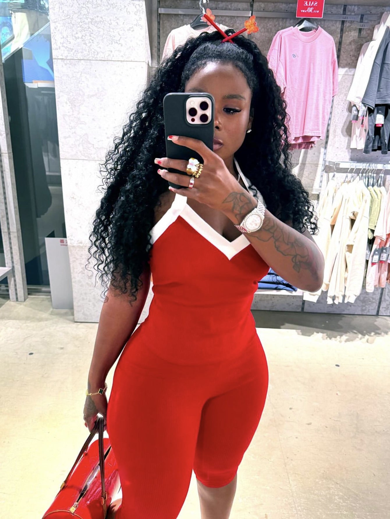 Summer Stretch Contrast Color Halterneck Vest Top Tight Mid Length Blouse Pants