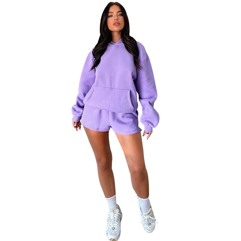Autumn Winter Color Long-sleeved Hooded Sweaters Clothing Two Piece Shorts Sets