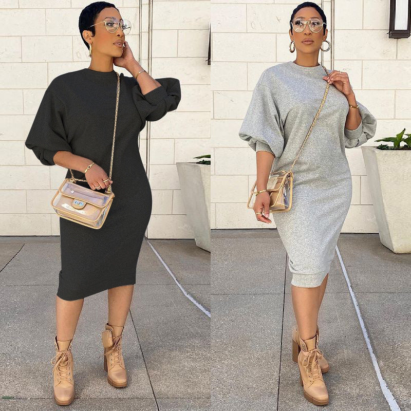 Spring Summer Five-point Lantern Sleeve Loose Large Long Sweater Dress