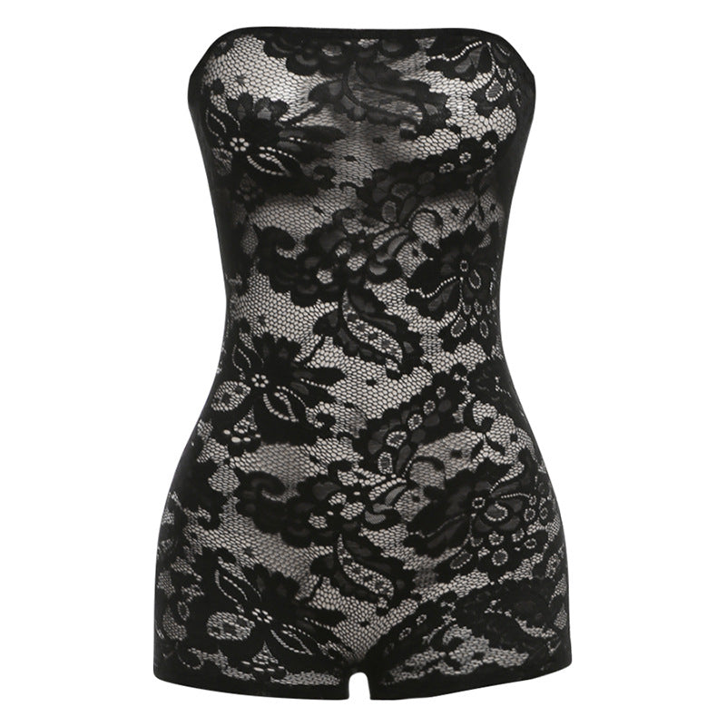 Spring Clothing See Through Lace Jacquard Tube Top Tight Jumpsuit