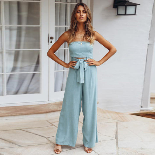 Lace Up Set Summer Tube Top Lace Up Straight Jumpsuit
