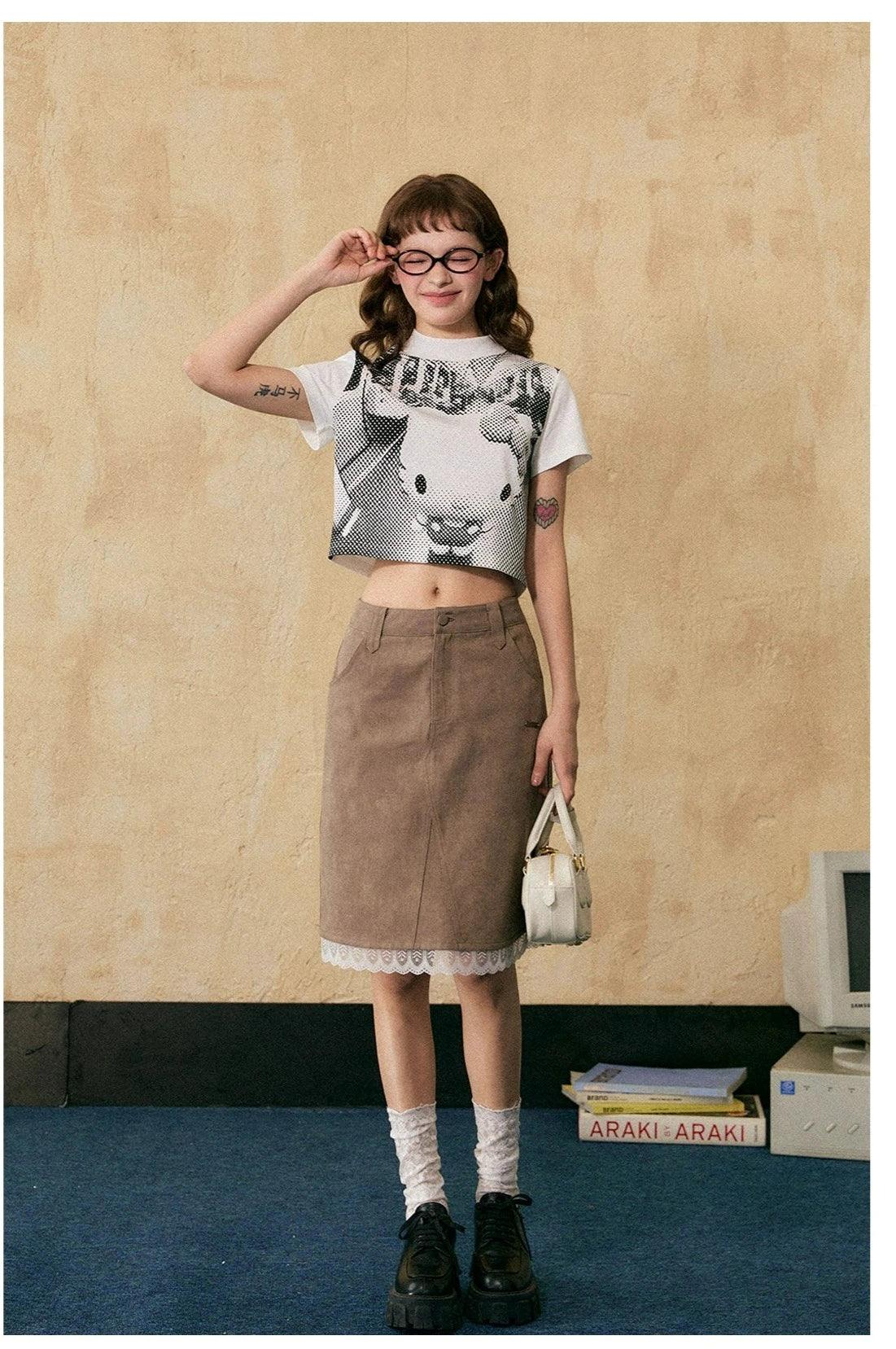 Ezek Artistic Halftone Print White Oversized T-shirt and Gray Pleated Mini Skirt Set - Urban