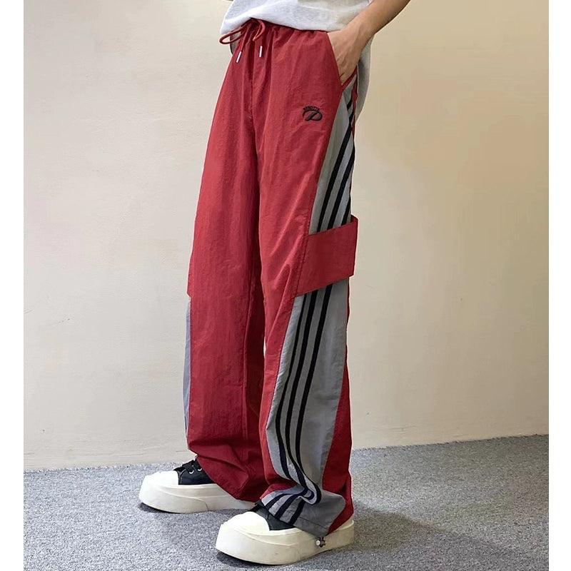 Rayohopp Color-block Wide-leg Track Pants - Drawstring Waist Athletic Trousers With Striped Panels