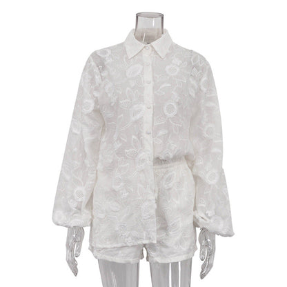 Suit Spring Autumn Cotton Embroidered Transparent Shirt High Waist Shorts
