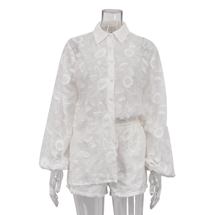 Suit Spring Autumn Cotton Embroidered Transparent Shirt High Waist Shorts