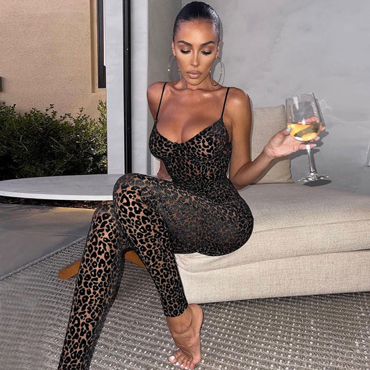 Summer Low Cut Sling Flocking Skinny Sheath Jumpsuit
