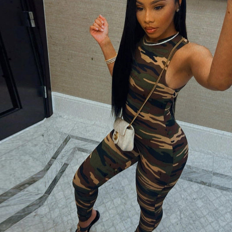 Autumn Winter Camouflage Round Neck One Piece Sleeveless Long Tight Jumpsuit