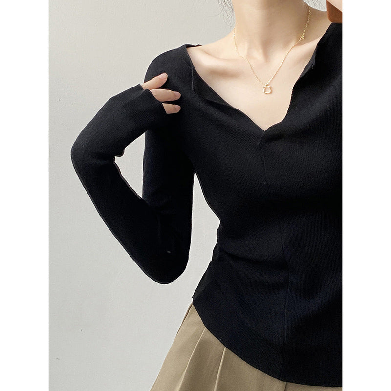French V Neck Open Sweater Spring Inner Wear Slim Fit Long Sleeve Top