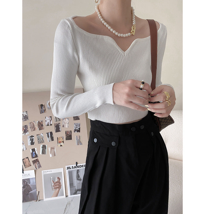 Petal Collar Short Sweater for Autumn Slim Fit Collarbone Bottoming Shirt