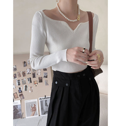 Petal Collar Short Sweater for Autumn Slim Fit Collarbone Bottoming Shirt