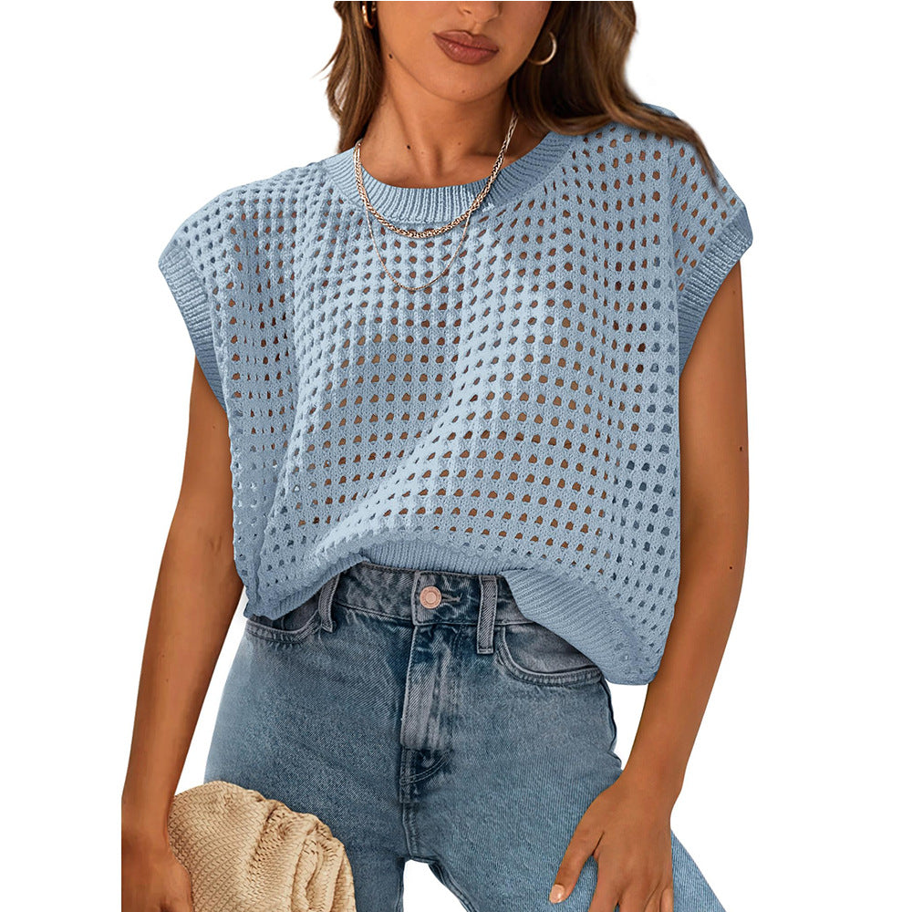 Summer Clothing Round Neck Hollow Out Cutout Sun Protection Knitted Sweater Blouse