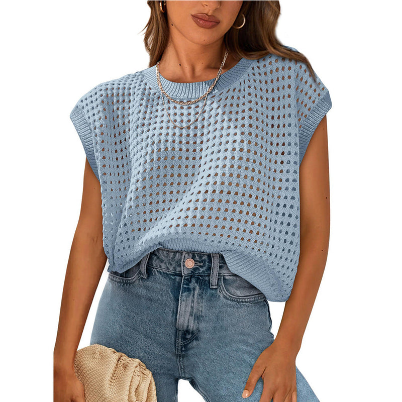 Summer Clothing Round Neck Hollow Out Cutout Sun Protection Knitted Sweater Blouse