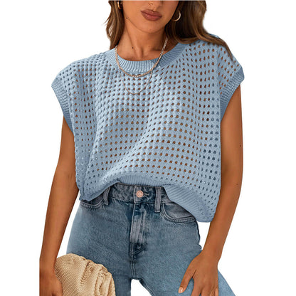 Summer Clothing Round Neck Hollow Out Cutout Sun Protection Knitted Sweater Blouse