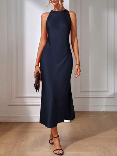 Satin Dress Clothing Spring Summer Sleeveless Split Satin Imitation Silk Maxi Dress