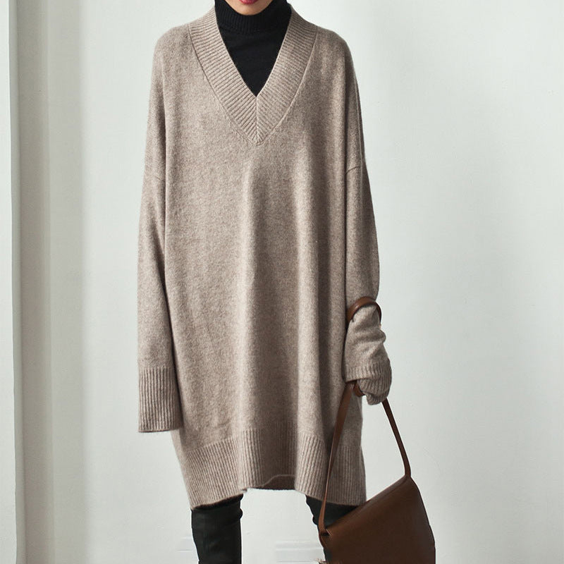 Autumn Winter Korean V Neck Sweater Mid Length Loose Sweater Pullover Thick Dress