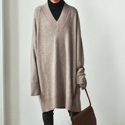 Autumn Winter Korean V Neck Sweater Mid Length Loose Sweater Pullover Thick Dress