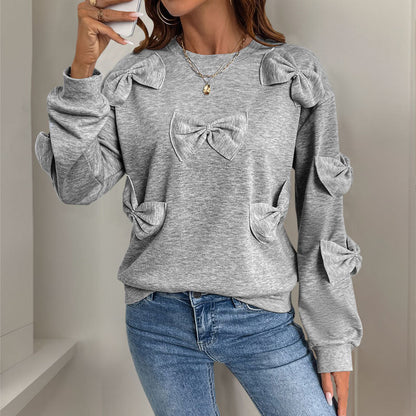 Autumn Bow Stitching Gray Round Collar Sweatshirt
