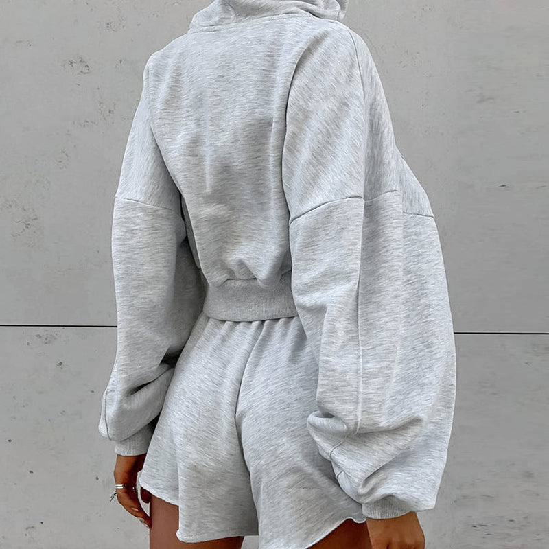 Fall Hooded Long Sleeve High Waist Loose Shorts Two Piece Set All Matching Sports Gray