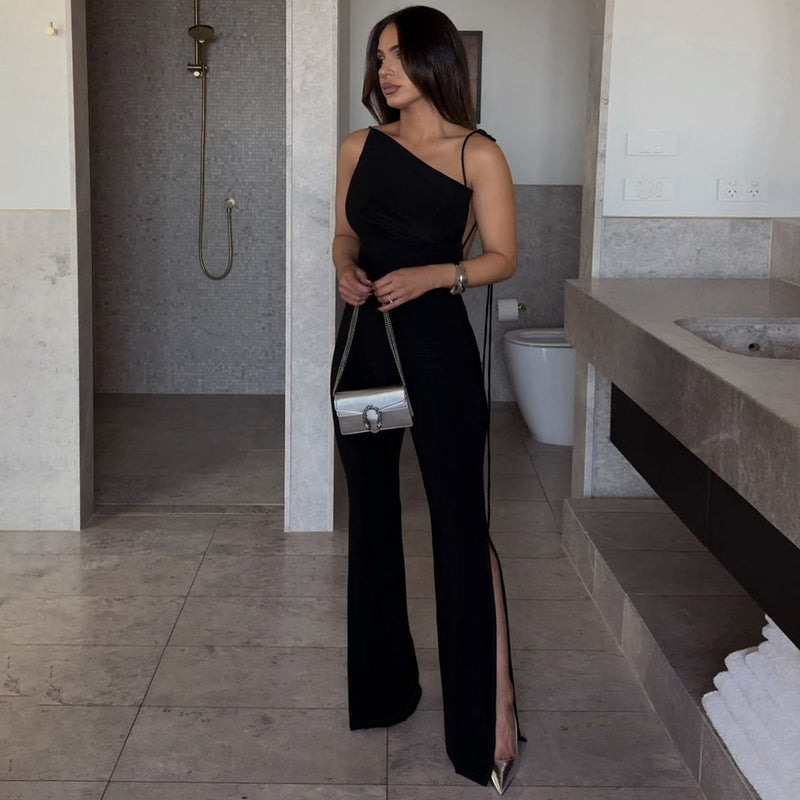 Clothing Summer Backless Fold Split Slim Fit Tied Jumpsuit