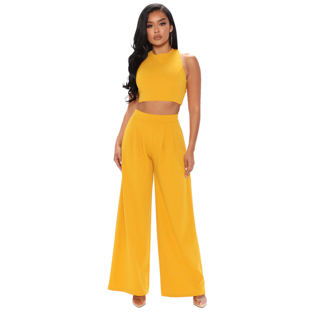 Cropped Tank Top Straight Flare Pants Sports Two Piece Set