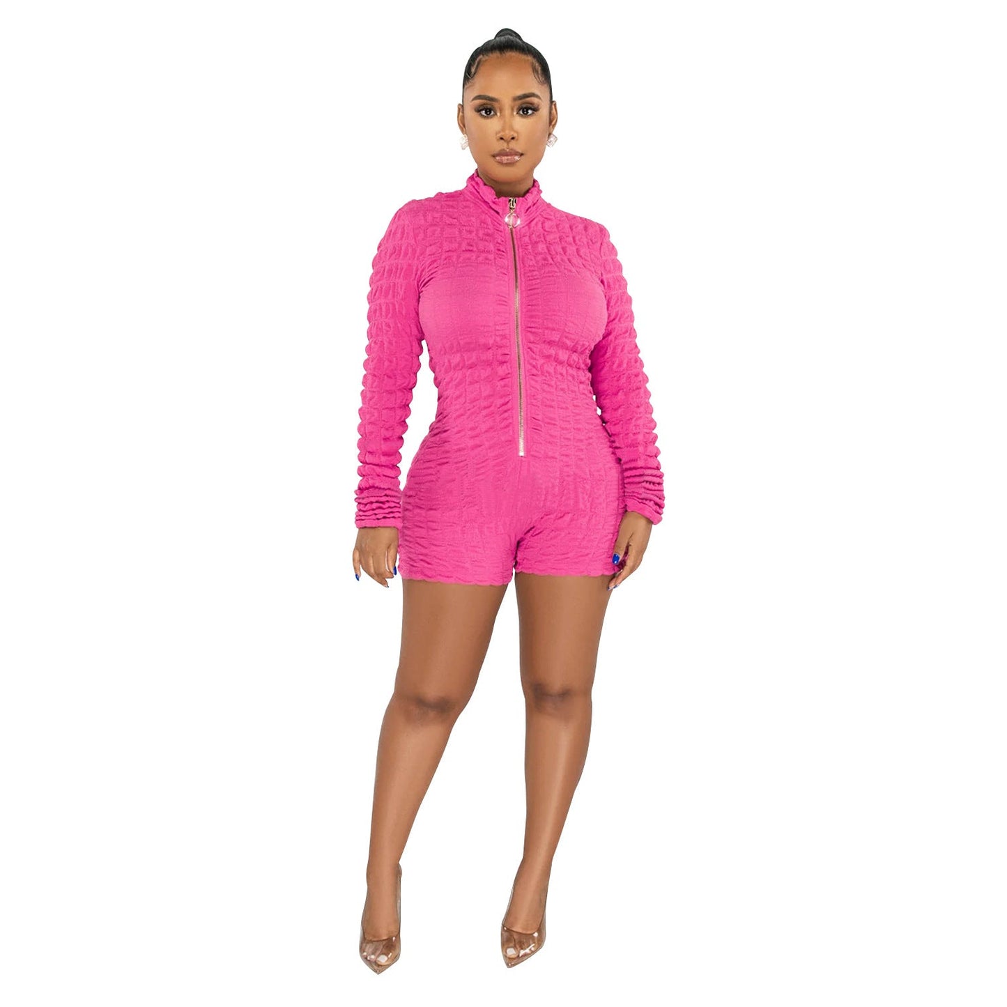 Wear Color Long Sleeve Faux Coat Shorts Jumpsuit