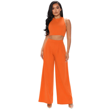 Cropped Tank Top Straight Flare Pants Sports Two Piece Set