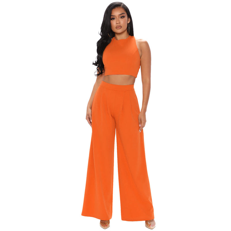 Cropped Tank Top Straight Flare Pants Sports Two Piece Set