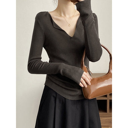 French V Neck Open Sweater Spring Inner Wear Slim Fit Long Sleeve Top