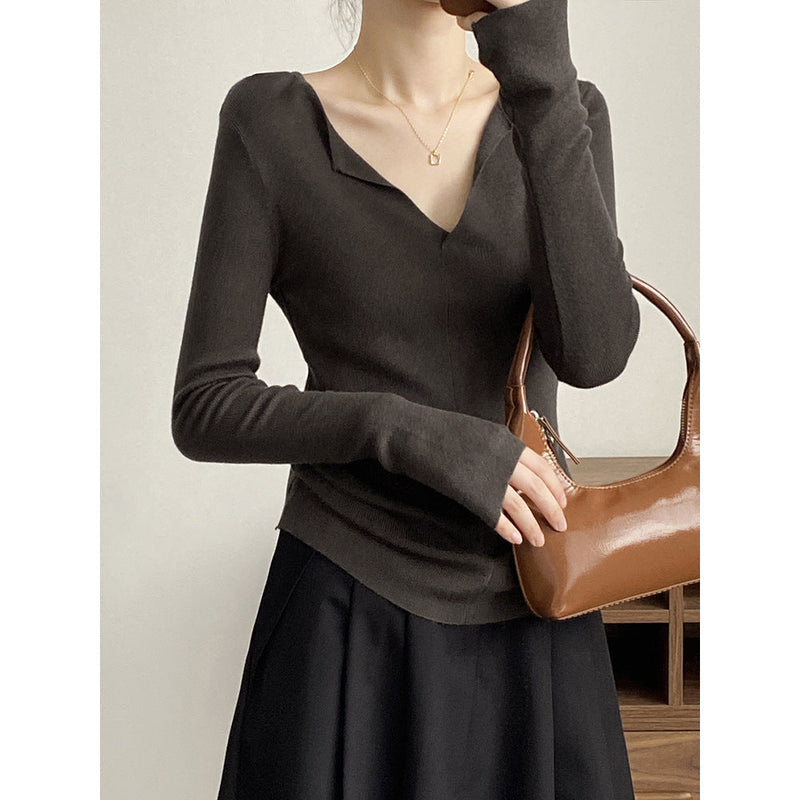 French V Neck Open Sweater Spring Inner Wear Slim Fit Long Sleeve Top
