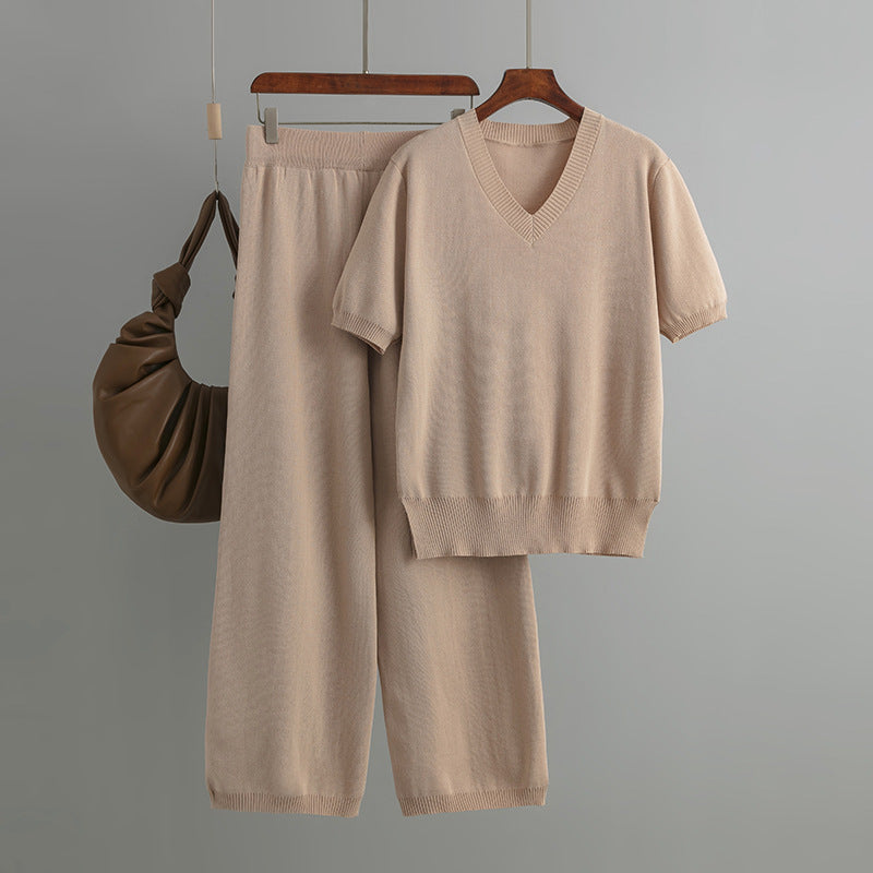 Suit V Neck Loose Slit Knit Sweater Top Two Piece Set High Waist Waist Drooping Straight Trousers