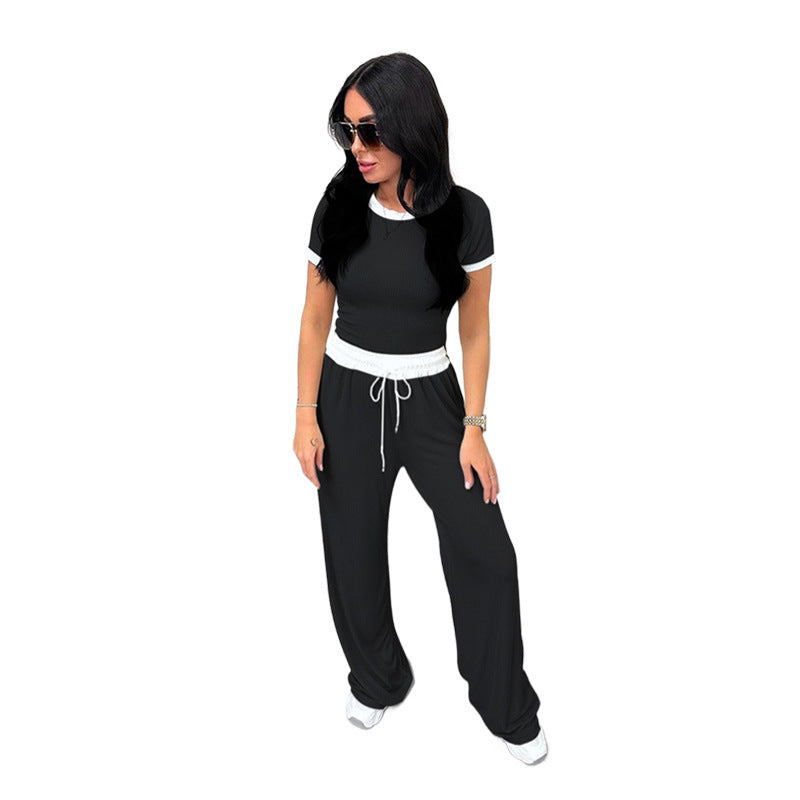 Spring Summer Round Neck Contrast Color Short-sleeved Clothing Wide Leg Pants Sports Suit