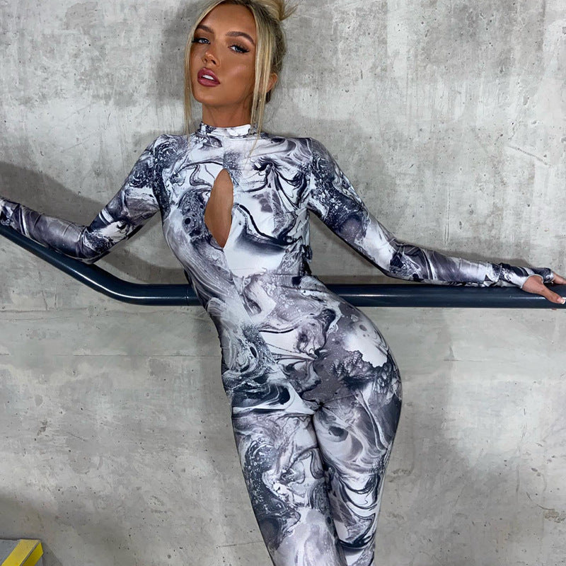Autumn Winter Chest Cutout Out Long Sleeve Backless Jumpsuit Jumpsuit