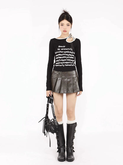 Buckled Leather Pleated Mini Skirt