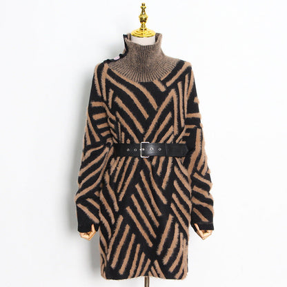 Loose Knitted Dress Winter Stand Collar Oblique Buckle Long Sleeve Mink Hair Sweater With Belt