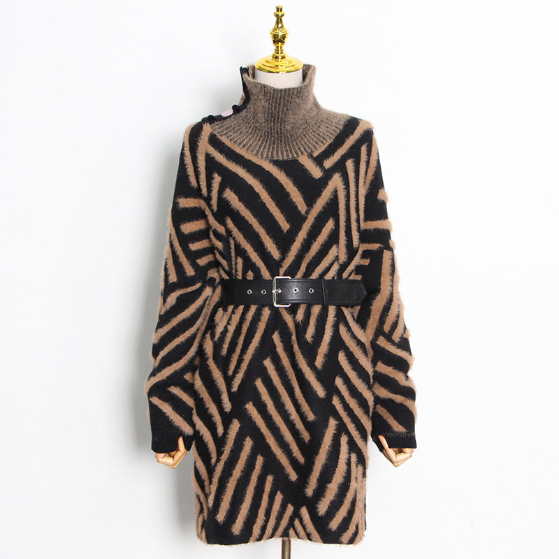 Loose Knitted Dress Winter Stand Collar Oblique Buckle Long Sleeve Mink Hair Sweater With Belt