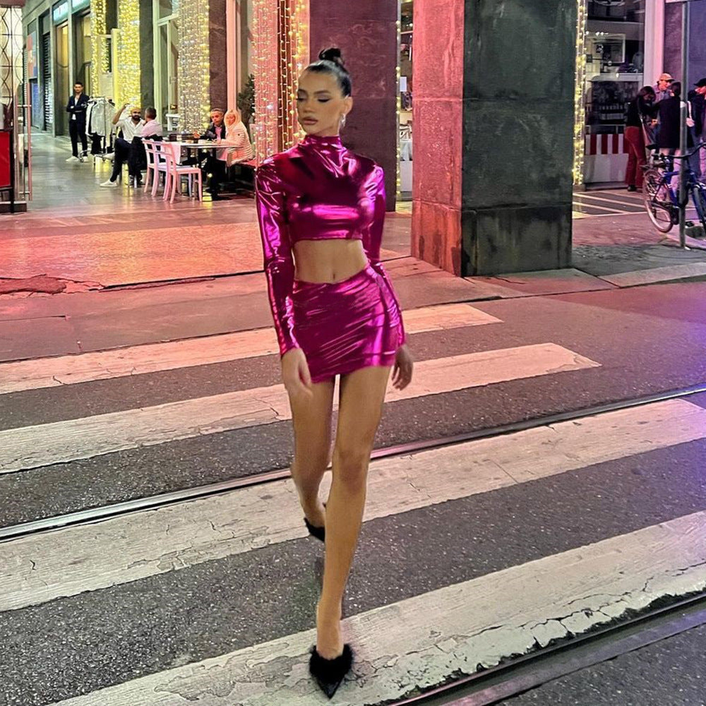 Metallic Coated Fabric Clothing Glossy Bare Cropped Slim Fit Hip Skirt Set