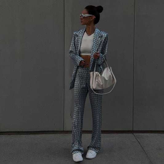 Early Autumn Clothing Long Sleeve Collared Bootleg Pants Printing Suit Matching Street