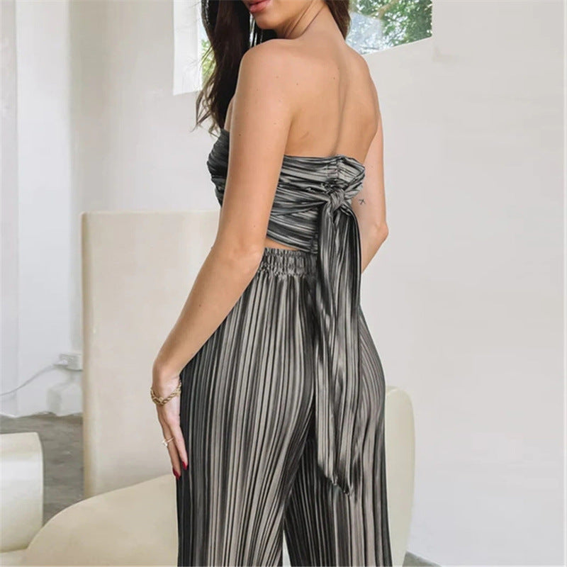 Spring Summer Pleated Suit Cropped Sleeveless Adjustable Vest Pants Two Piece Set for