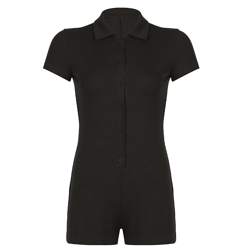 Color Polo Collar Breasted Rib Tight Basic Romper