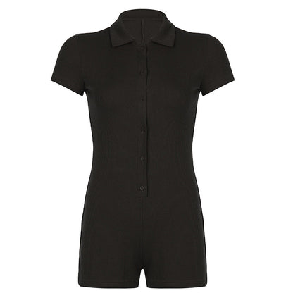 Color Polo Collar Breasted Rib Tight Basic Romper