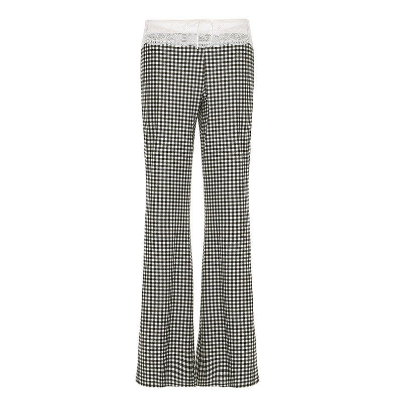 Spring Summer Clothing Plaid Stitching Lace Sling Bell Bottom Pants Street Two Piece Set