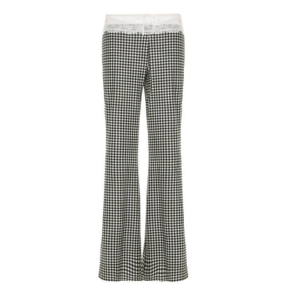 Spring Summer Clothing Plaid Stitching Lace Sling Bell Bottom Pants Street Two Piece Set