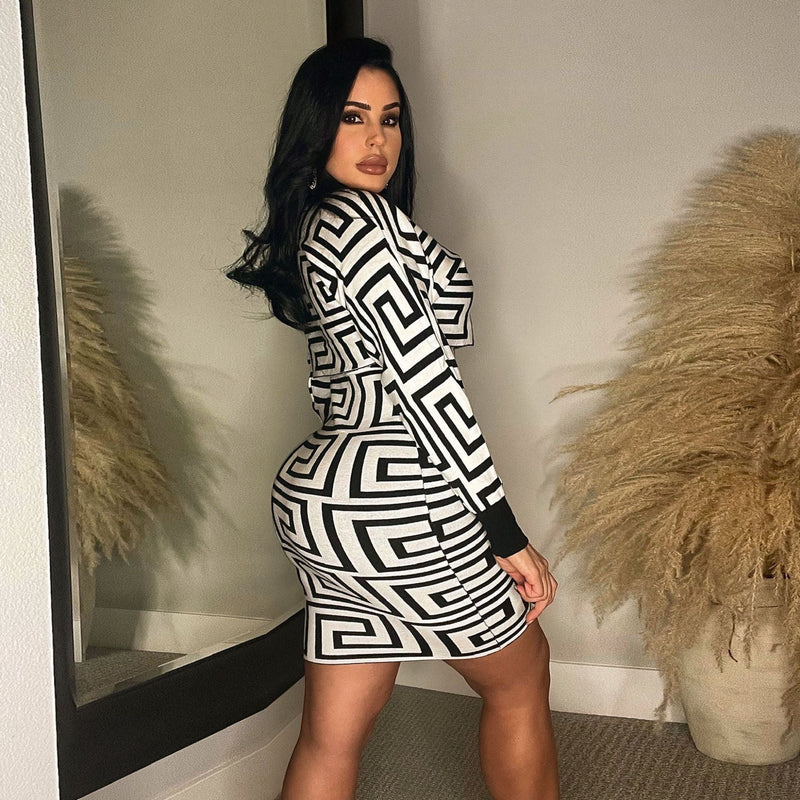 Pattern Print Suit Skirt Sleeveless Turtleneck Dress Short Top Two-piece Set
