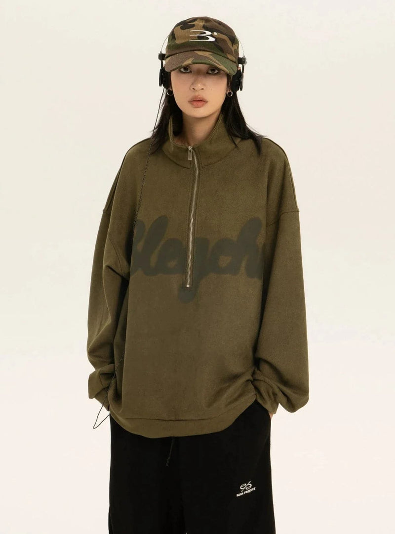 Oversized Suede Sweatshirt With Zipper Polo Collar